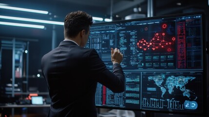 Leinwandbilder - A man in a suit is pointing at a computer monitor displaying a map of the world