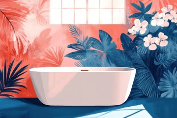 Wall Mural - Modern bathtub situated in a room decorated with floral patterns