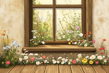 Wall Mural - Flowers bloom around a window on a sunny day