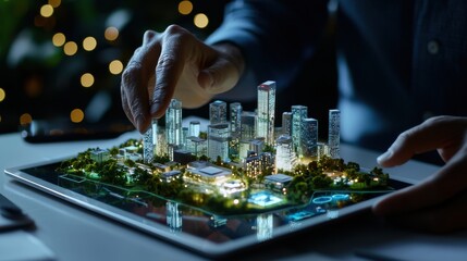 Poster - A person is touching a tablet with a city model on it