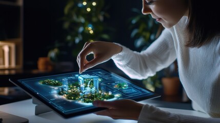 Leinwandbilder - A woman is holding a tablet with a city on it