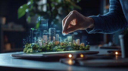 Aufkleber - A person is holding a coin in front of a cityscape on a tablet