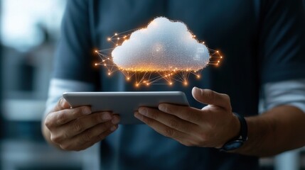 Poster - A man is holding a tablet with a cloud on it