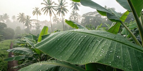 Sticker - Dew-drenched banana leaves gently swaying in a tropical breeze, nature, foliage, serene