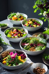 Poster - Colorful salad bowls with fresh ingredients and vibrant toppings displayed on a table