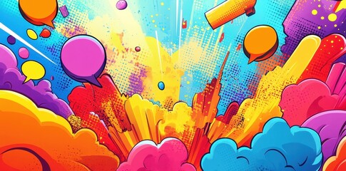 Poster - Vibrant and energetic pop art illustration with speech bubbles