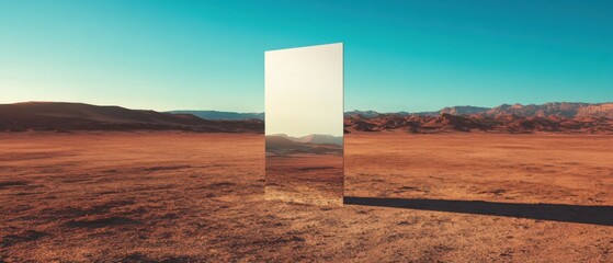 Leinwandbilder - Surreal desert landscape with large mirror reflecting alternate reality at sunset Concept of illusion, parallel universe, and dreamlike scenery