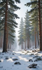 Wall Mural - Frozen pine forest with snow-covered trees and scattered pine cones , snow, pine