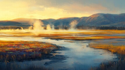 Wall Mural - Serene sunrise over a misty wetland with a meandering stream and colorful vegetation.