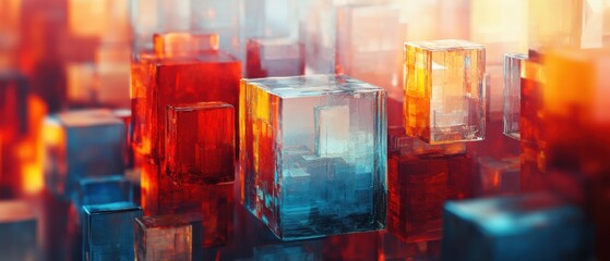 abstract background with colorful transparent cubes made of glass or ice, reflecting light and creat