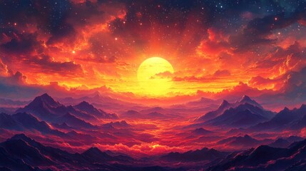 Wall Mural - Fiery Sunset Over Mountain Range, Starry Sky