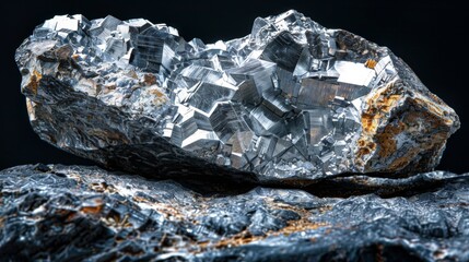 Poster - A striking mineral cluster is highlighted, featuring shiny metallic crystals with distinct geometric shapes on a textured dark surface. The interplay of light enhances its natural beauty.