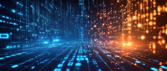 Futuristic digital landscape with binary code streams flowing in cyberspace Concept of big data, artificial intelligence, and information technology