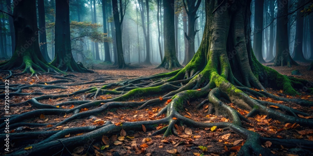 Dark mysterious forest floor with twisted tree roots and decaying ...