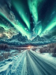 Wall Mural - Stunning aurora borealis illuminates snowy mountain landscape