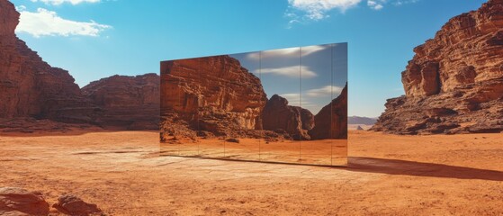 Leinwandbilder - Mirrored monolith reflecting desert landscape in Wadi Rum, Jordan Modern art installation in a vast, arid environment Concepts of reflection, illusion, and desert landscape photography