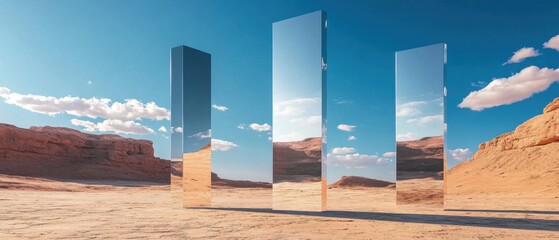 Leinwandbilder - Four reflective monoliths in a desert landscape, mirroring the sky and clouds Surreal art installation in a barren environment Concepts of reflection, illusion, and minimalism