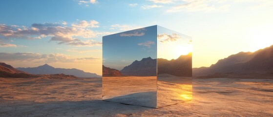 Poster - Reflective metallic cube in a vast desert landscape at sunset Mirrored cube reflecting the mountains and sky in a surreal, minimalist art installation Concept of reflection, illusion, and desert lands