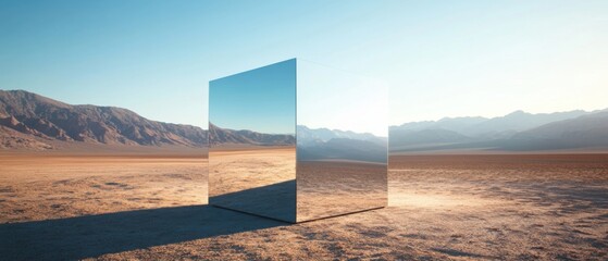 Leinwandbilder - Reflective chrome cube in the desert landscape at sunset Minimalist art installation reflecting the mountains and sky Concepts of illusion, surrealism, and modern art