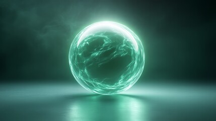 Wall Mural - luminous sphere with swirling turquoise energy on reflective surface