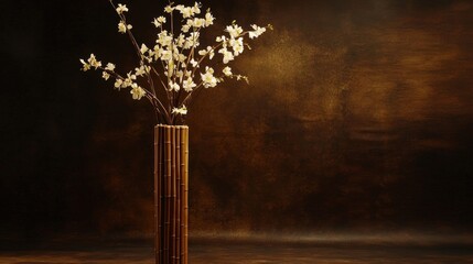 Wall Mural - White flowers in tall bamboo vase against dark brown background.