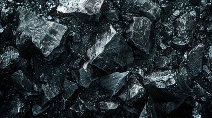 Aufkleber - Shiny black coal pieces lie scattered, showcasing their uneven surfaces and sharp angles, catching low light and creating a dramatic visual contrast.