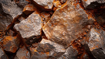 Aufkleber - Rocks with rough surfaces create a striking display of metallic textures and bright orange mineral stains under natural light. Their unique formation highlights geological history.