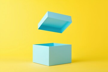 Wall Mural - minimalist image of an open light blue gift box with its lid floating above it, set against a vibran