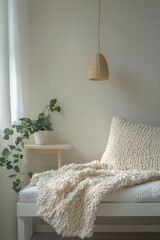 Wall Mural - Boucle fabric details in a cozy bedroom corner with greenery