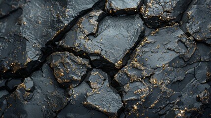 Aufkleber - A detailed view of a dark and textured rock surface displaying intricate cracks and shimmering golden flecks, illuminated to highlight its natural beauty and mineral composition