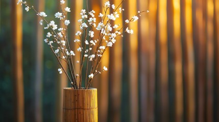 Wall Mural - White blossoms in bamboo vase, sunset forest background.