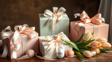 Wall Mural - Elegant Easter gifts: pastel boxes tied with ribbons, complemented by fresh tulips and painted eggs.