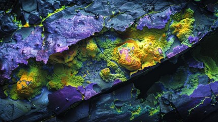 Aufkleber - Vivid colors display intricate patterns and textures on a rock surface, highlighting the beauty of natural formations found in geological specimens observed closely.