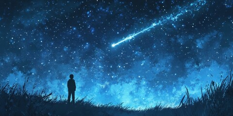Wall Mural - Child silhouette watches a bright shooting star cross the sky