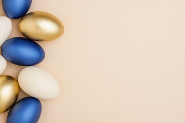 Wall Mural - flat lay composition of gold, blue, and white easter eggs creating a luxurious and elegant holiday s