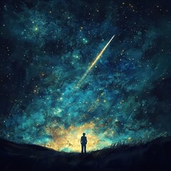 Wall Mural - Man contemplates a celestial display of stars and shooting star