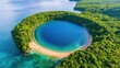 © MarinkaLev - Aerial view of a perfectly circular island with a deep blue lagoon at its center, dense tropical vegetation surrounding the formation, golden sandy beach