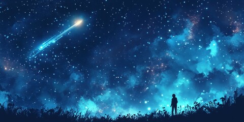 Wall Mural - Silhouette gazes at a mesmerizing starlit sky with a shooting star