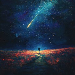 Wall Mural - A lone figure stands beneath a vibrant starry sky