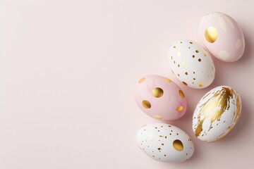 Wall Mural - stylish easter eggs decorated with golden paint lying on pink background, creating festive and elega