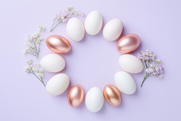 Wall Mural - rose gold and ivory easter eggs forming a circle with small purple flowers on a pastel purple backgr