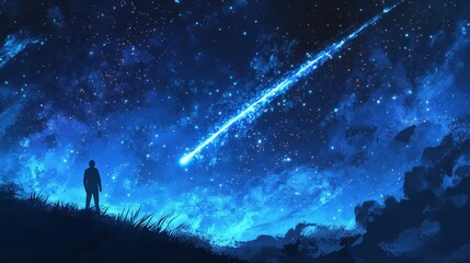 Wall Mural - Person watching bright blue shooting star streak across night sky