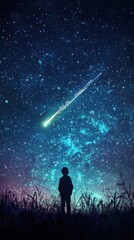 Wall Mural - Silhouette of a person watches a shooting star fall