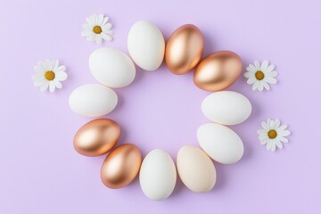 Wall Mural - easter eggs forming a circle with daisies on a purple background, creating a festive and elegant spr