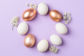 Wall Mural - rose gold and ivory easter eggs forming a circle with white flowers on a pastel purple background, p