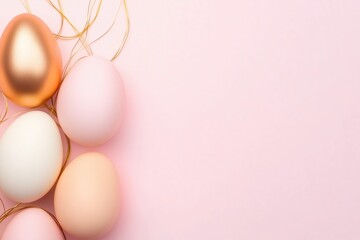 Wall Mural - minimalist easter flat lay composition featuring pastel colored eggs and golden string on a pink bac