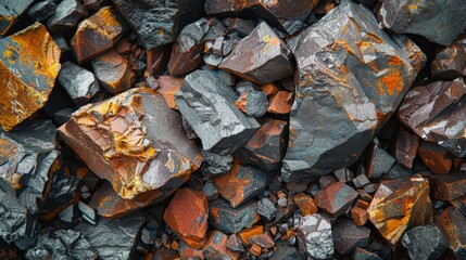Fototapete - Colorful mineral rocks are spread across the surface of a quarry, displaying a range of textures and hues including black, orange, and gray. Natural light enhances their vibrant surfaces.