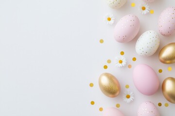 Wall Mural - pink, white and gold easter eggs with daisies and gold confetti forming a right border on a white ba