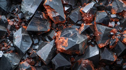 Aufkleber - Detailed view of various crystals displaying shiny black surfaces with vibrant red highlights, highlighting the inherent beauty of natural mineral formations.