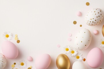 Wall Mural - pink, white, and gold easter eggs decorated with gold dots lie on a pink surface next to white daisi